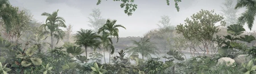Misty tropical jungle landscape with palm trees, dense foliage, and atmospheric haze in soft greens and greys.