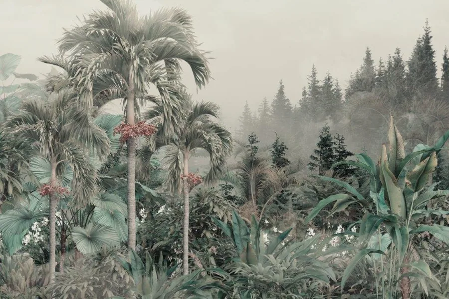 Tall palm trees with red fruits surrounded by tropical plants, fading into misty forest backdrop.