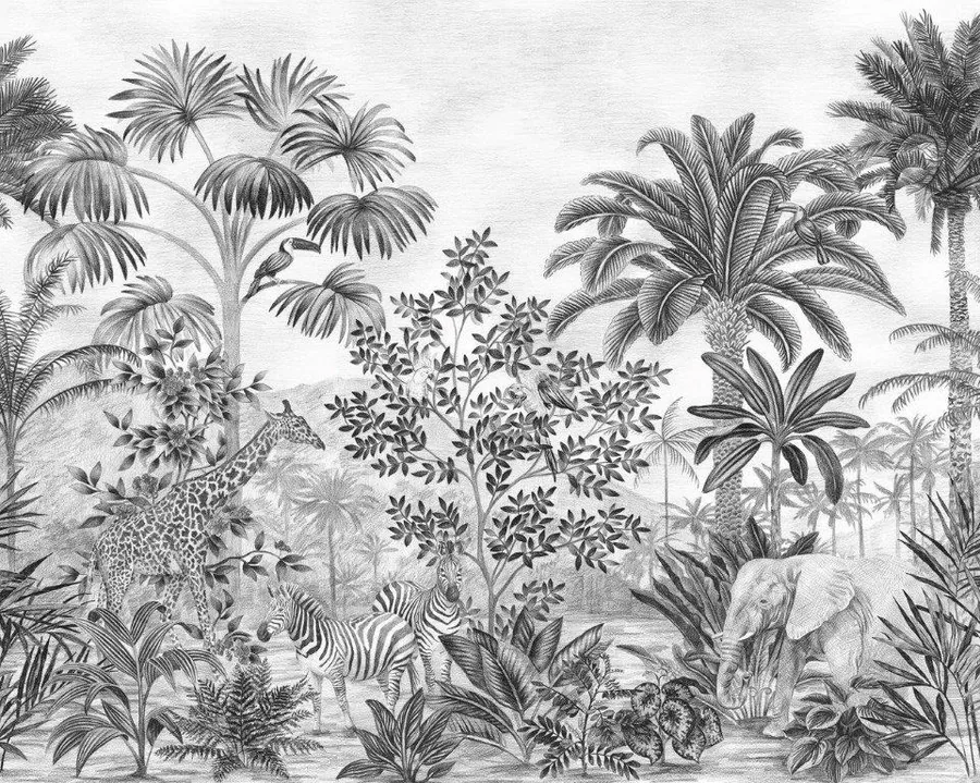 Black and white botanical safari scene with giraffe, zebra, elephant, and dense tropical vegetation.