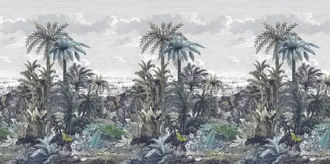 Repeating pattern of tall palm trees and tropical foliage in muted greens and grays with cloudy sky