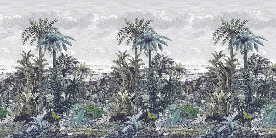 Repeating pattern of tall palm trees and tropical foliage in muted greens and grays with cloudy sky