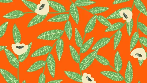 Repeating pattern of green textured leaves and cream botanical fruits on bright orange background