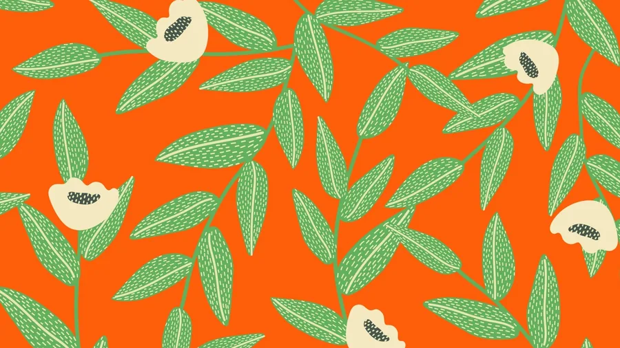 Repeating pattern of green textured leaves and cream botanical fruits on bright orange background