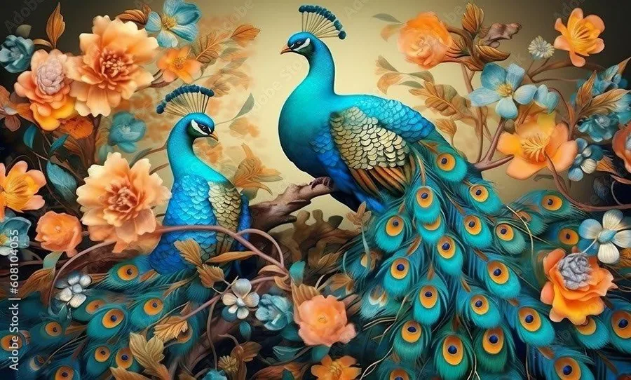 Two ornate blue peacocks with golden eye-feathers perched among orange and pink flowers against a soft cream background.