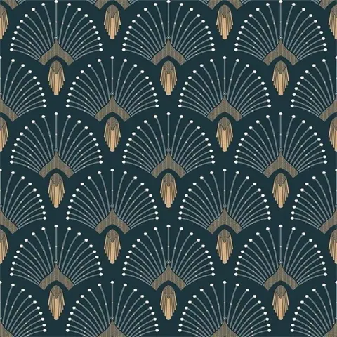 Repeating Art Deco fan pattern in teal with gold and white geometric details
