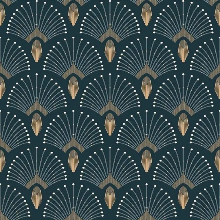 Repeating Art Deco fan pattern in teal with gold and white geometric details