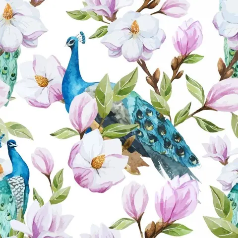 Repeating pattern of blue peacocks surrounded by pink and white magnolia flowers with green leaves on white background