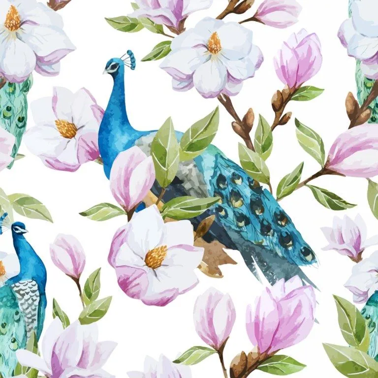 Repeating pattern of blue peacocks surrounded by pink and white magnolia flowers with green leaves on white background
