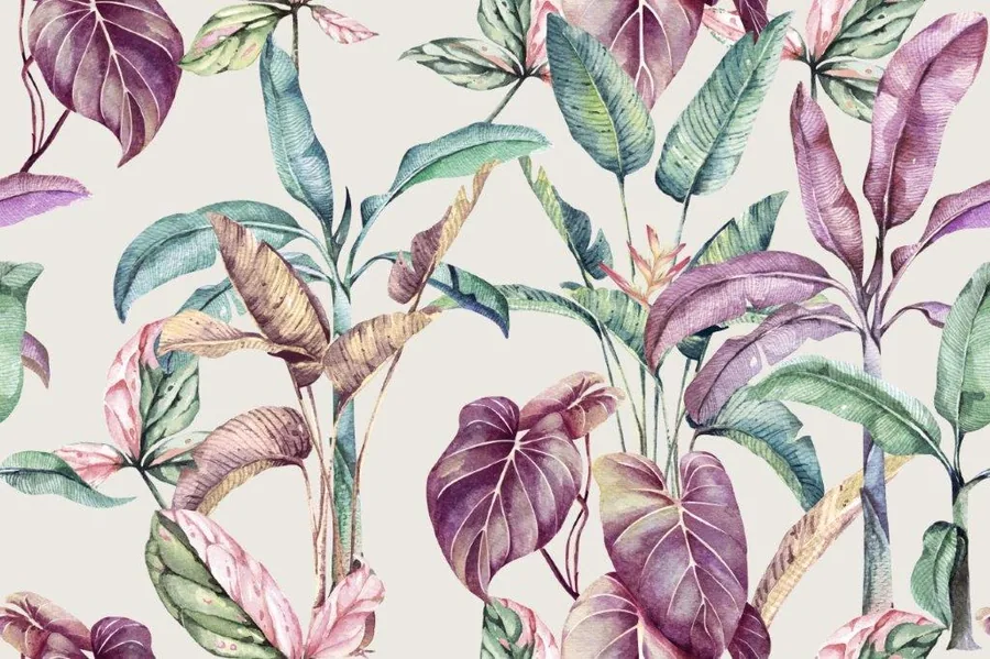 Watercolor botanical pattern with purple, pink and green leaves on cream background