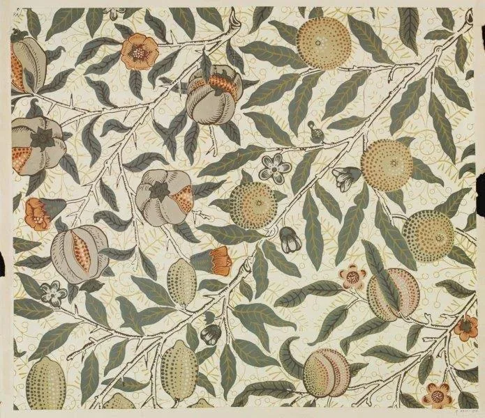 Repeating botanical wallpaper pattern with illustrated pomegranates, green leaves, and flowering branches on cream background