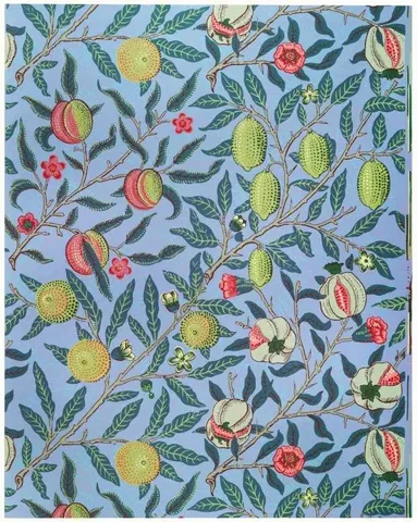 Repeating botanical wallpaper pattern with red pomegranates, yellow fruits, green leaves, and pink flowers on a light blue background.