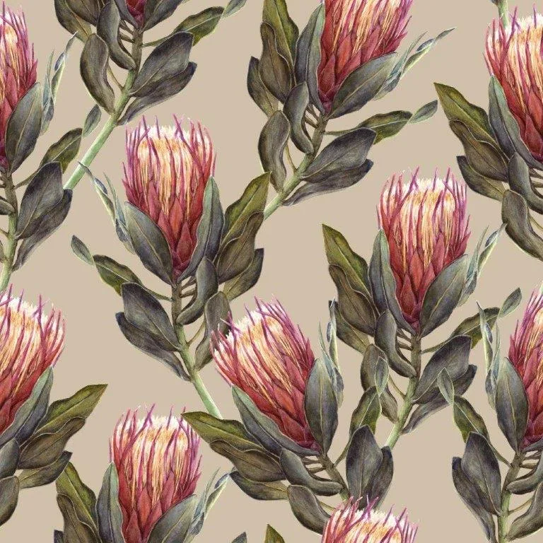 Repeating pattern of red protea flowers with green and grey-brown leaves on beige background