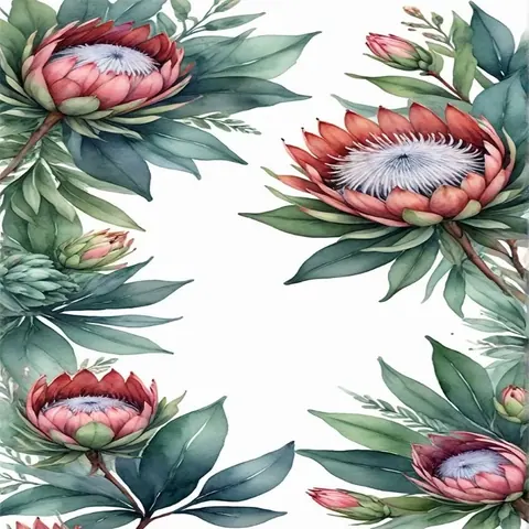 Watercolour protea flowers with pink petals and white centers surrounded by green foliage on white background