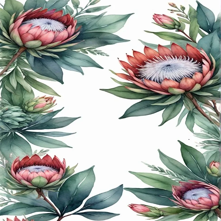 Watercolour protea flowers with pink petals and white centers surrounded by green foliage on white background
