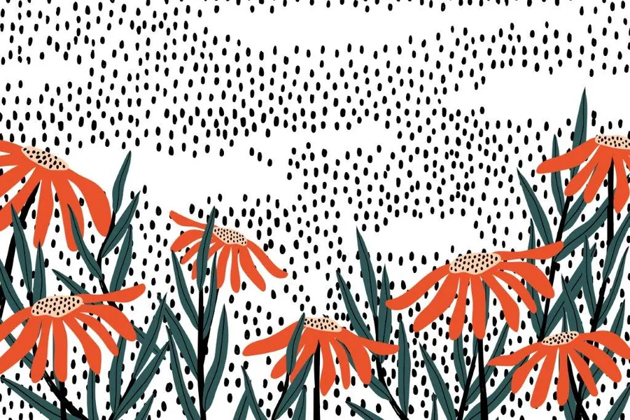 Red flowers with green stems on a white background with black rainfall pattern.