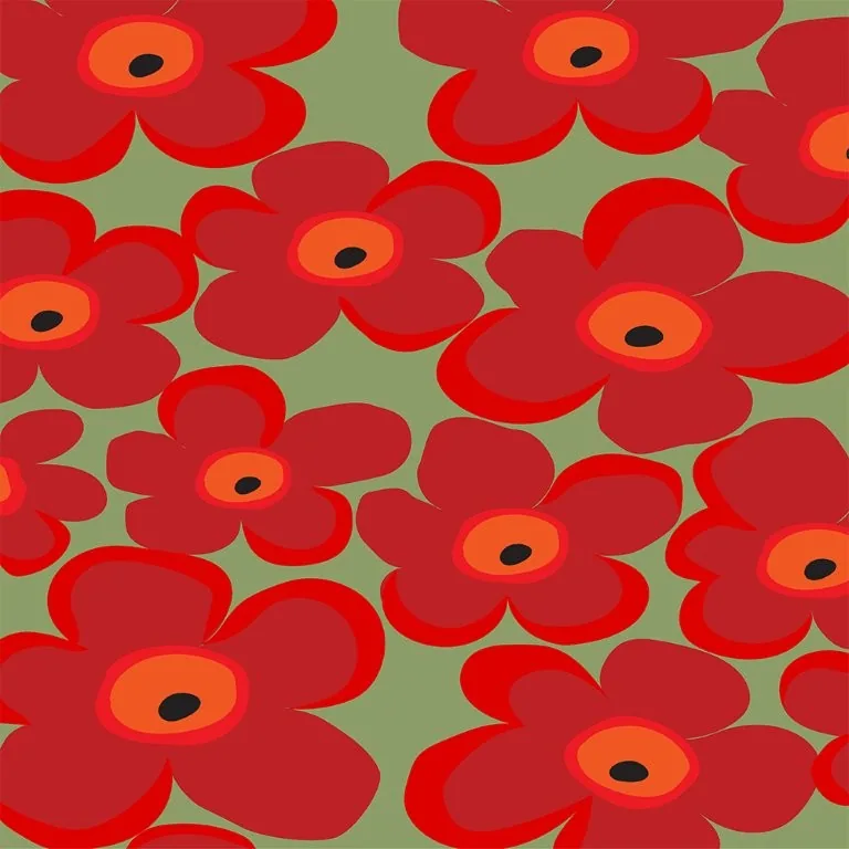 Repeating pattern of red poppies with orange centers on sage green background