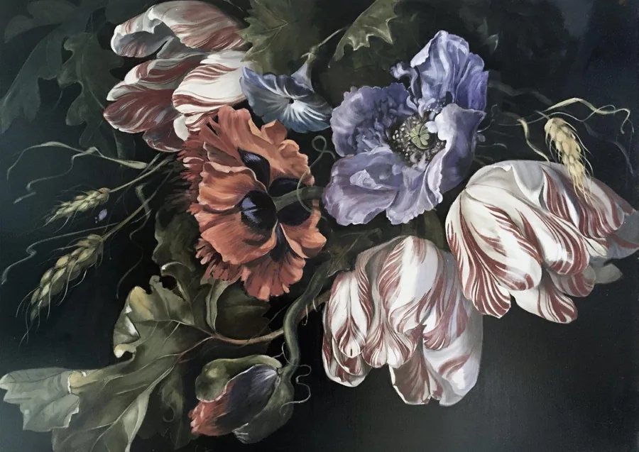 Dark botanical wallpaper with pink, purple and cream peonies with green foliage
