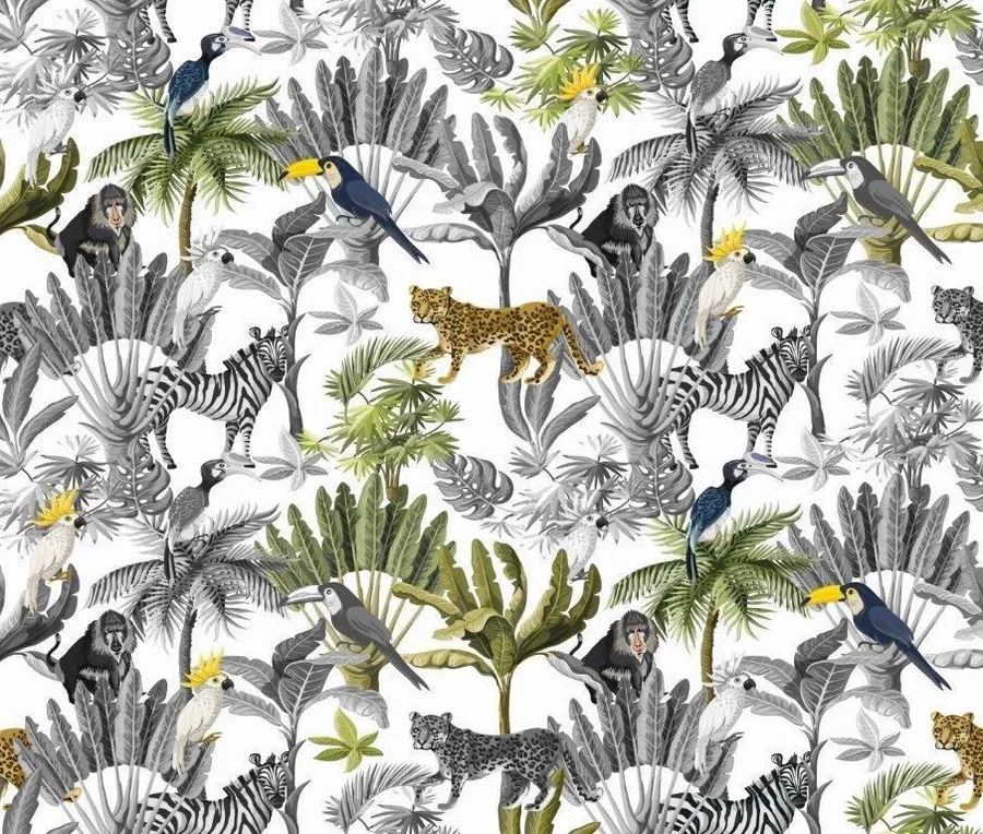 Repeating pattern of zebras, leopards, monkeys, toucans, and parrots among tropical plants and palm leaves on white background.