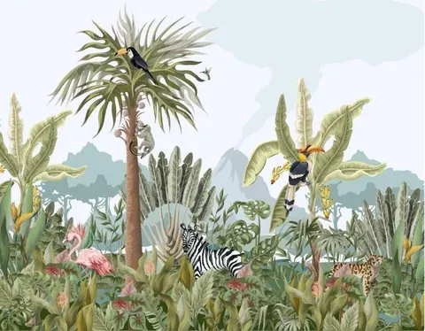 Tropical wallpaper mural with zebra, birds, and cacti among palm trees and flowering plants against misty mountains.