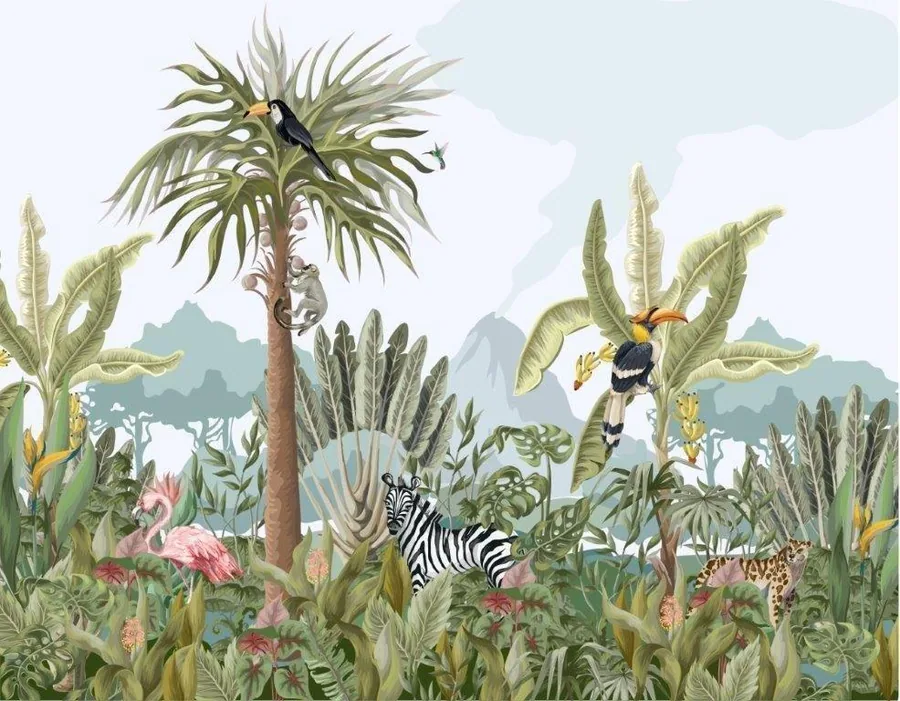 Tropical wallpaper mural with zebra, birds, and cacti among palm trees and flowering plants against misty mountains.