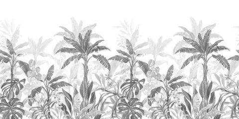 Greyscale botanical mural with sketched palm trees, tropical plants and layered foliage in repeating pattern