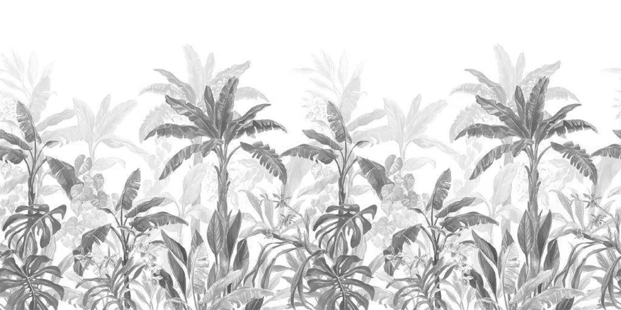 Greyscale botanical mural with sketched palm trees, tropical plants and layered foliage in repeating pattern