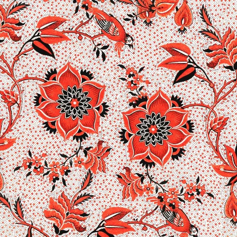 Red and black botanical floral pattern with ornate flowers and birds on cream speckled background