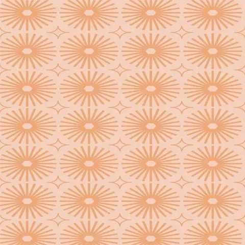 Repeating pattern of peach-colored starburst and fan designs with four-pointed stars on a pale background
