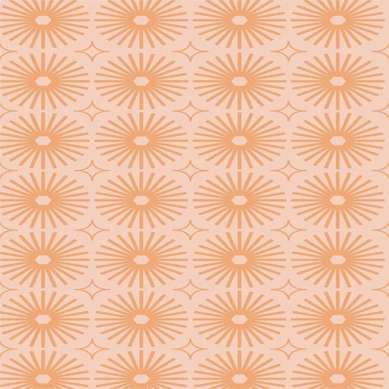 Repeating pattern of peach-colored starburst and fan designs with four-pointed stars on a pale background