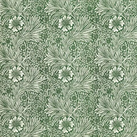 Green and white botanical wallpaper pattern with thistles, ornate leaves, and repeating floral motifs