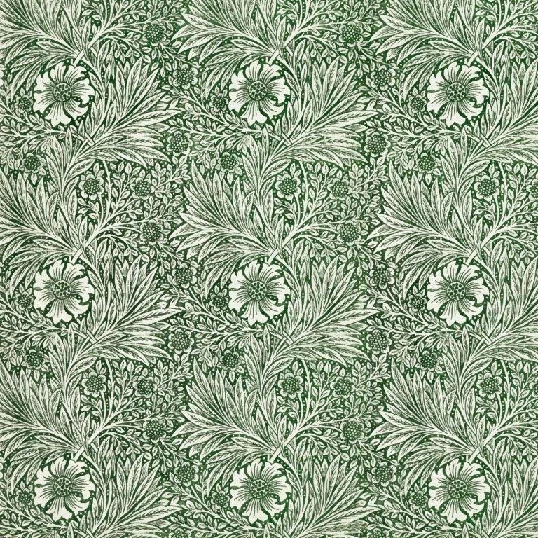 Green and white botanical wallpaper pattern with thistles, ornate leaves, and repeating floral motifs