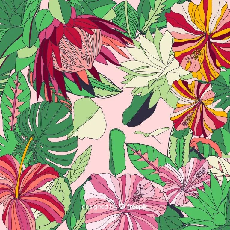 Colorful tropical flowers and green monstera leaves on pale pink background in botanical wallpaper pattern