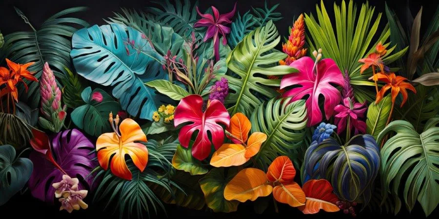 Colorful tropical flowers and monstera leaves on dark background with pink, orange, and purple blooms.