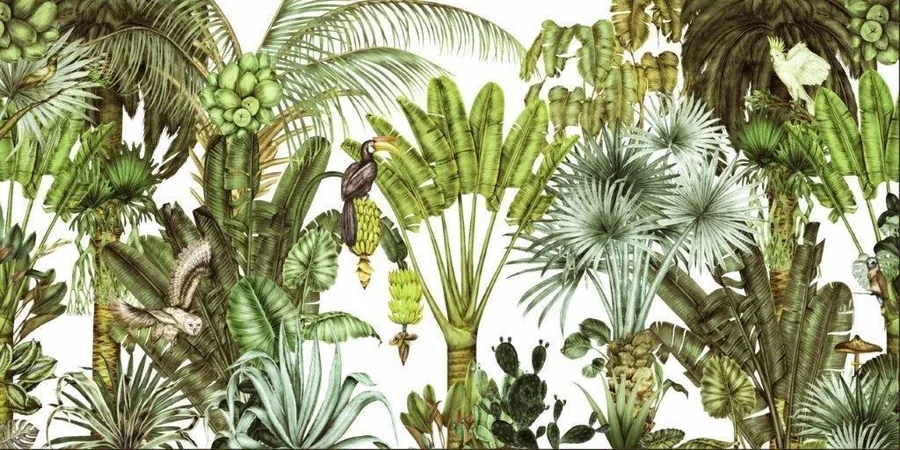 Dense botanical illustration with tropical palms, cacti, and layered green foliage on white background