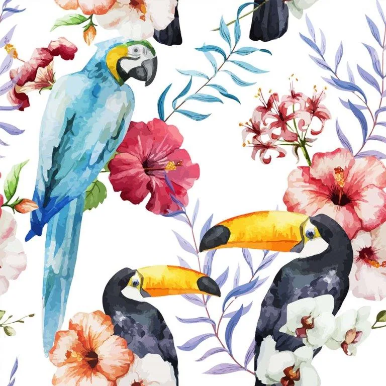 Watercolor tropical birds and colorful flowers pattern with blue macaw and black toucans among pink and red blooms