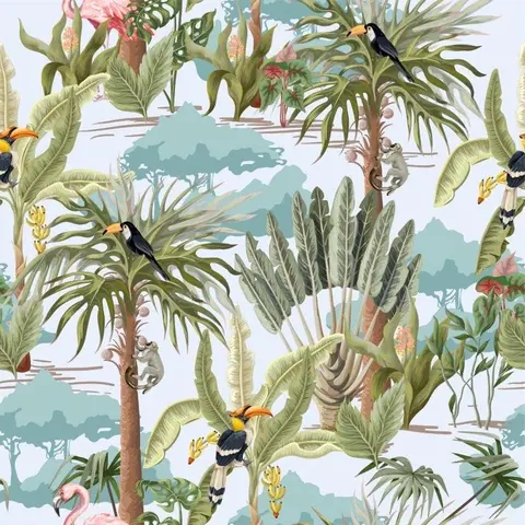 Illustrated tropical forest with toucans, palm trees, pink flowers, and layered mountain landscape.