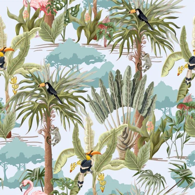 Illustrated tropical forest with toucans, palm trees, pink flowers, and layered mountain landscape.