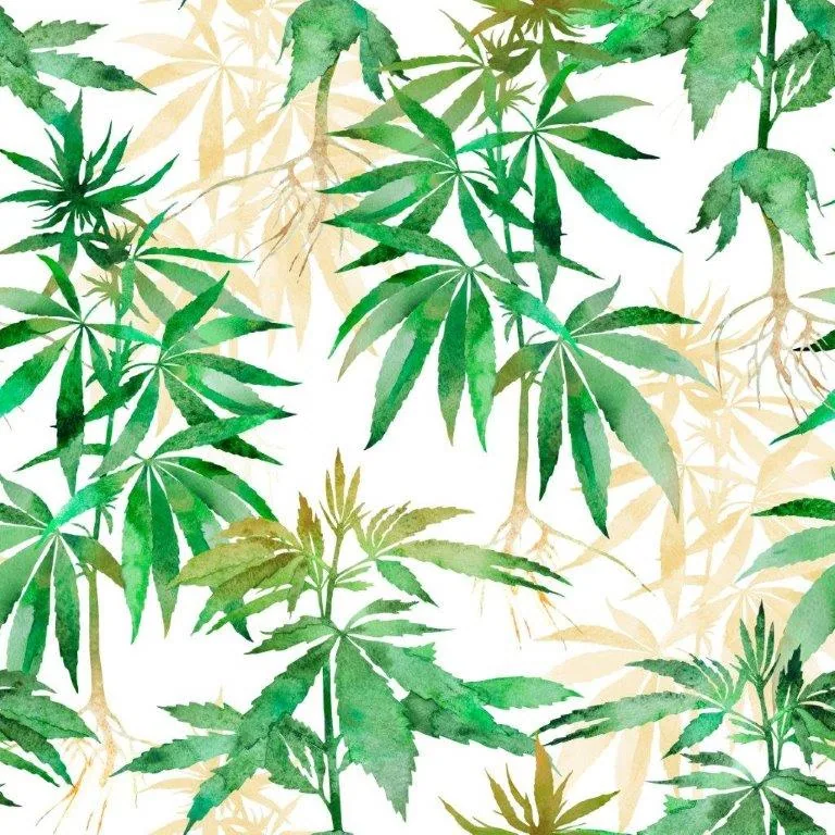 Watercolor botanical pattern featuring green palm and fern leaves with tan branch details on white background.