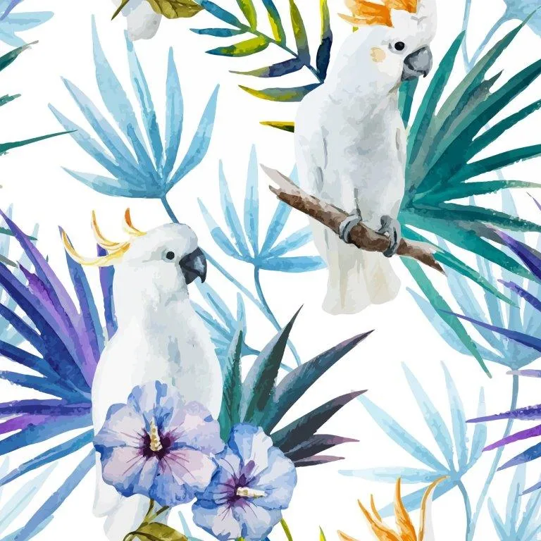 Watercolour pattern with two white cockatoos, tropical palm leaves in shades of blue and teal, and purple flowers on white background.