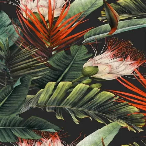 Red and white exotic flowers with green feathery foliage on black background botanical pattern