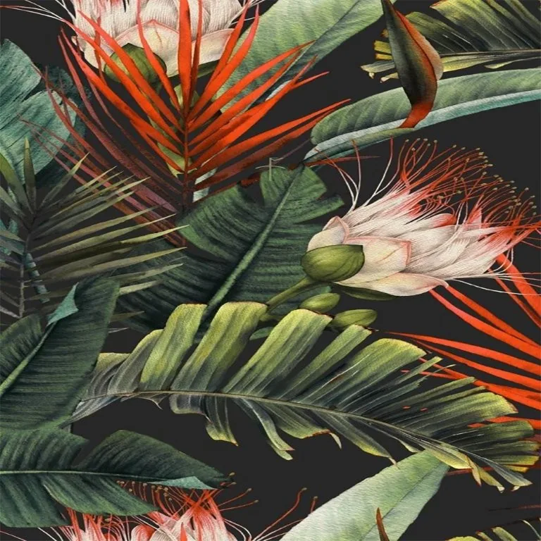 Red and white exotic flowers with green feathery foliage on black background botanical pattern