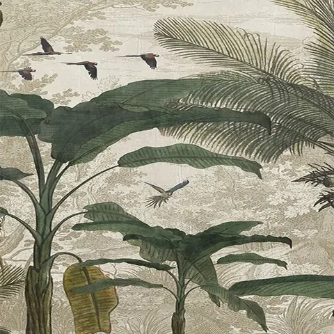 Hand-drawn tropical plants with green leaves and birds flying overhead on a textured cream background.
