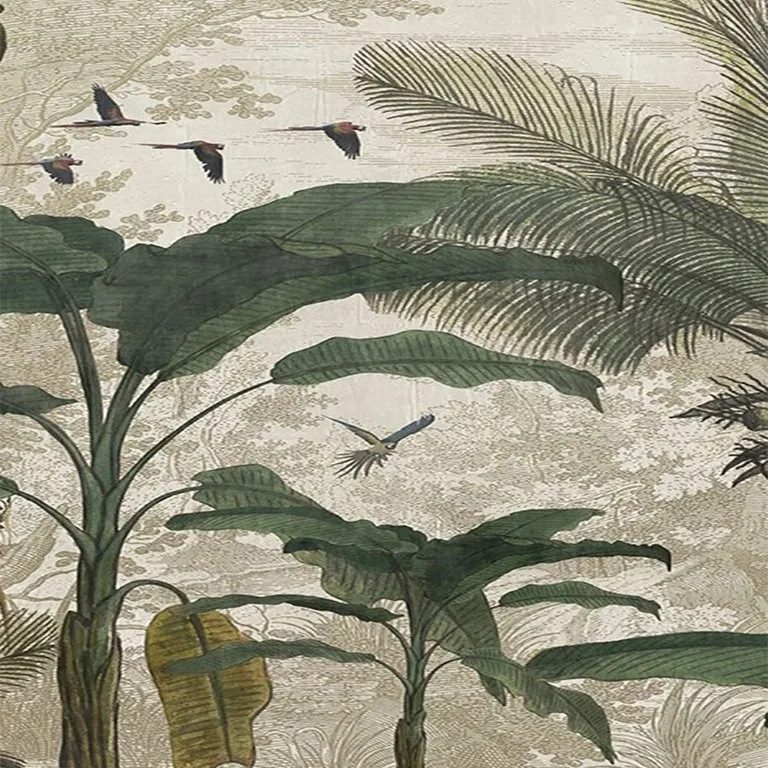 Hand-drawn tropical plants with green leaves and birds flying overhead on a textured cream background.