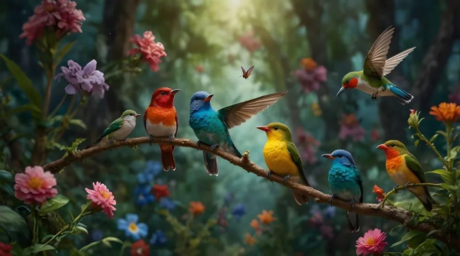 Colorful tropical birds including hummingbirds perched on branches among pink, orange, and blue flowers in a misty forest setting.