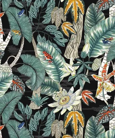 Black background with colorful tropical plants, palm leaves, passion flowers, and wildlife in greens, oranges, and whites.