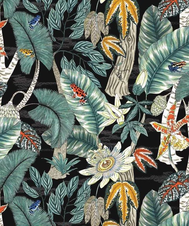 Black background with colorful tropical plants, palm leaves, passion flowers, and wildlife in greens, oranges, and whites.