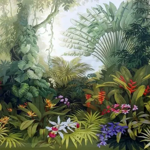 Lush tropical garden with layered palms, bird-of-paradise flowers, orchids, and dense green foliage in warm sunlight.