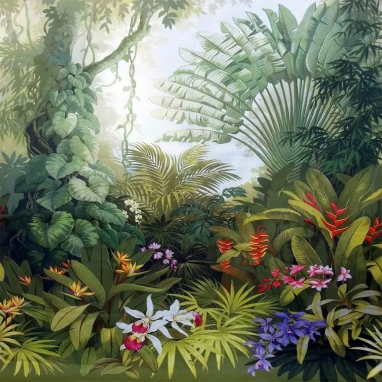 Lush tropical garden with layered palms, bird-of-paradise flowers, orchids, and dense green foliage in warm sunlight.
