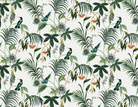 Repeating botanical pattern with hummingbirds, palm leaves, passion flowers, and flowering plants on light background