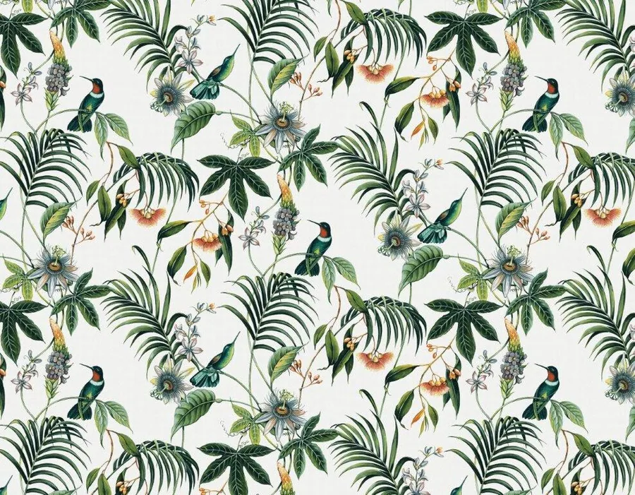Repeating botanical pattern with hummingbirds, palm leaves, passion flowers, and flowering plants on light background